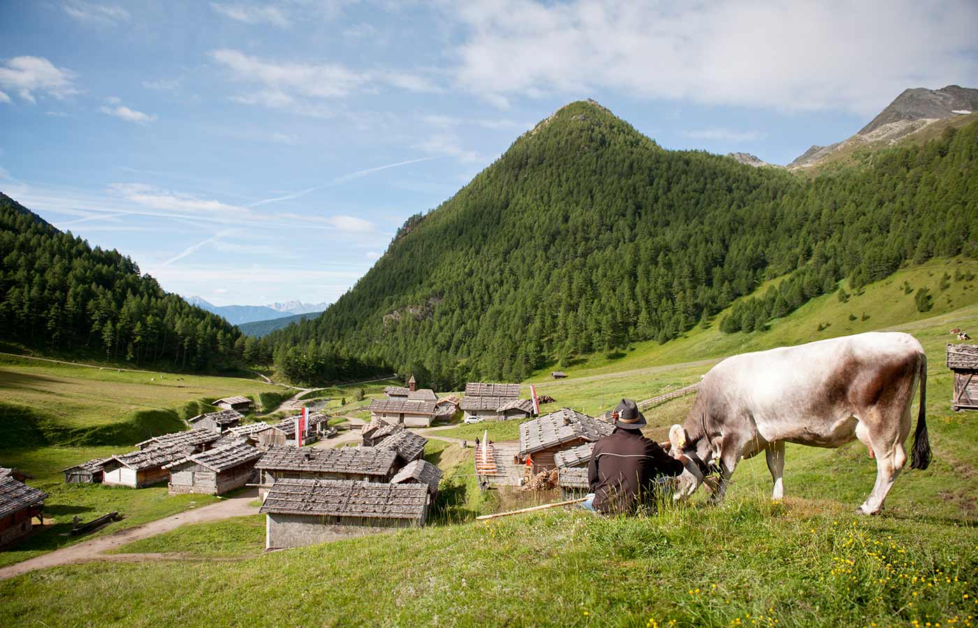 Ein Almendorf mit Hirte und einer Kuh im Vordergrund